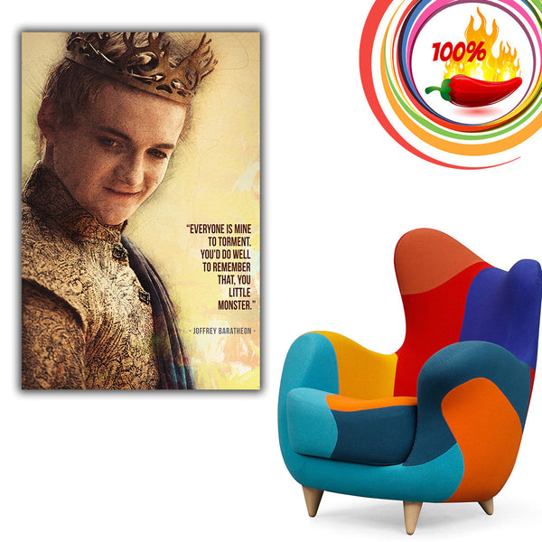 A poster of Joffrey Baratheon holding a sword, embodying his violent promises