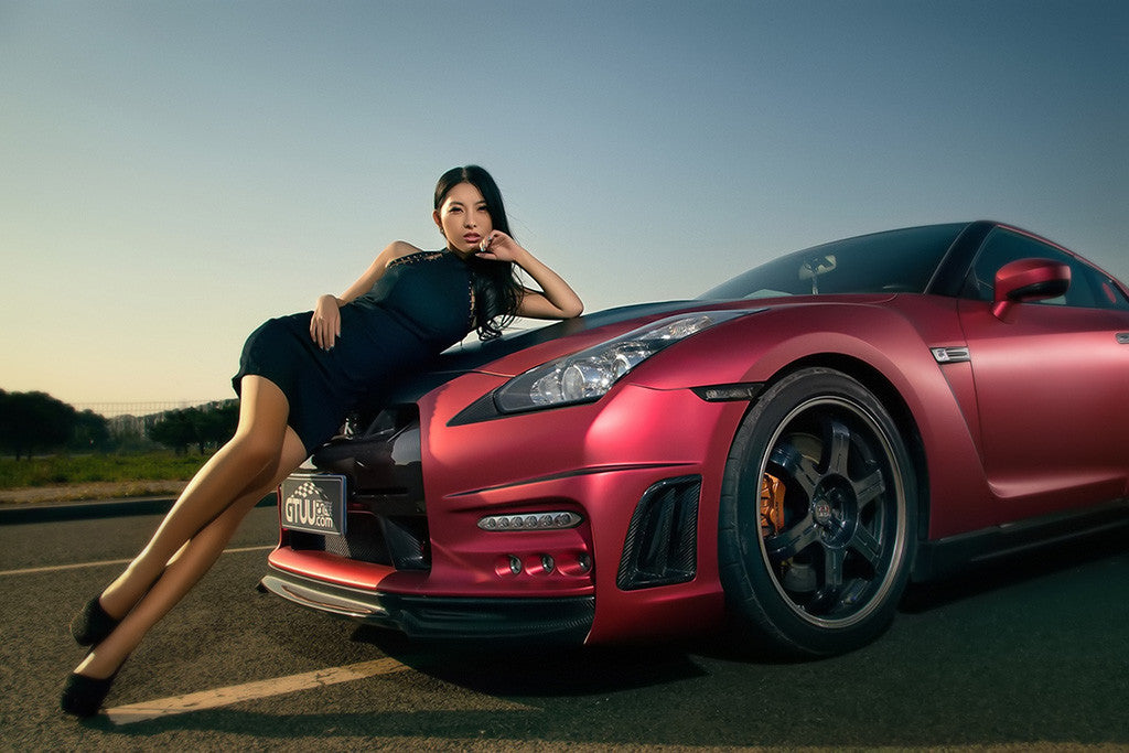 Asian Korean Hot Girl Nissan GT-R Red Car Poster