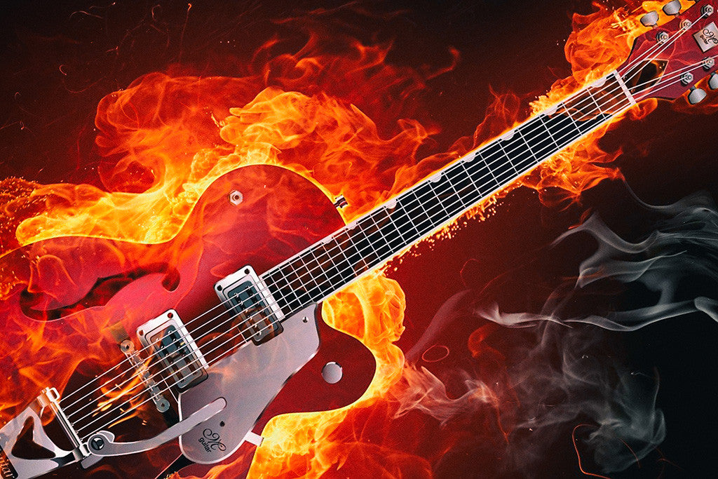 Flaming Guitar Rock Music Poster