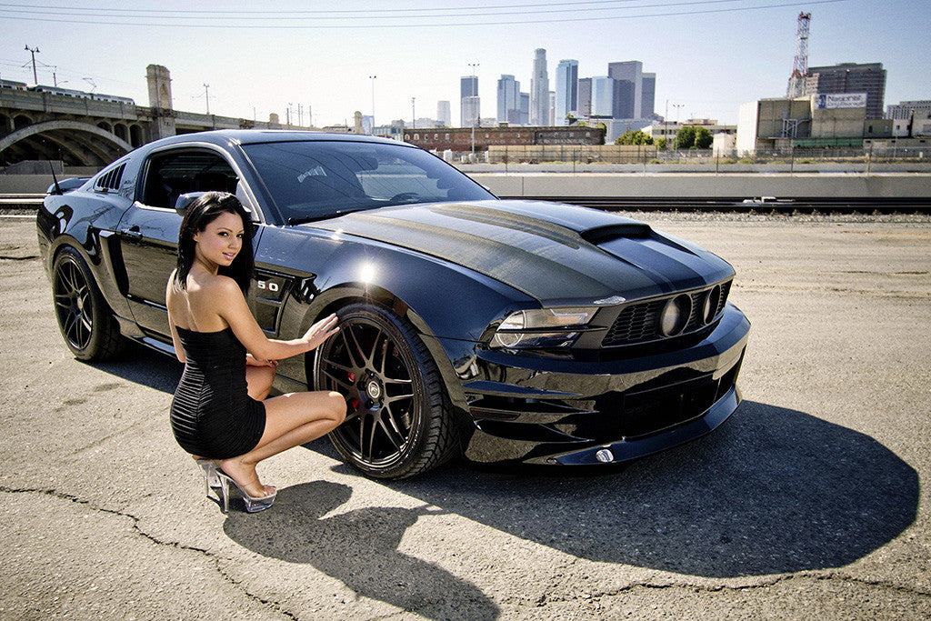 Ford Mustang Hot Girl Brunette Cityscape Car Auto Poster