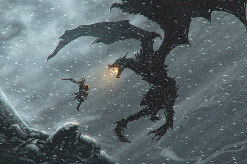 The Elder Scrolls V 5 Skyrim Warrior vs Dragon Poster