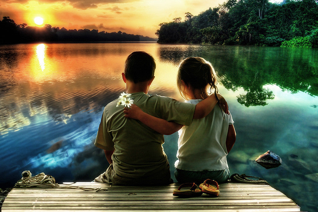 Children Lake Sunset Love Poster