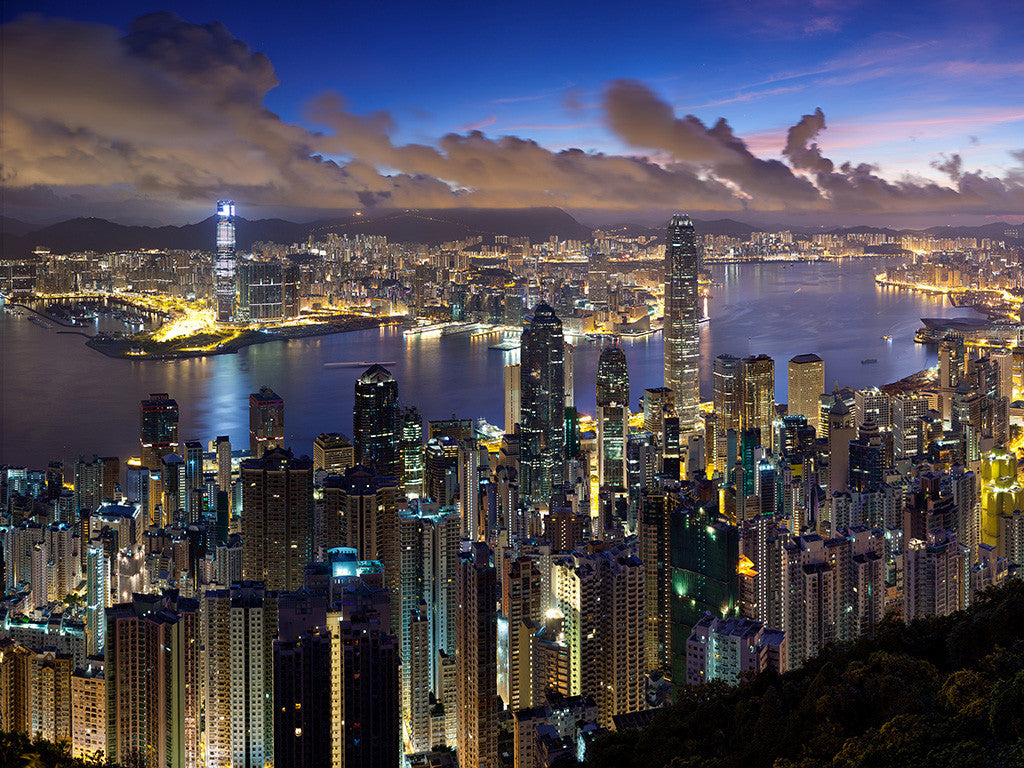 City Hong Kong Evening Lighting Clouds Lights Poster