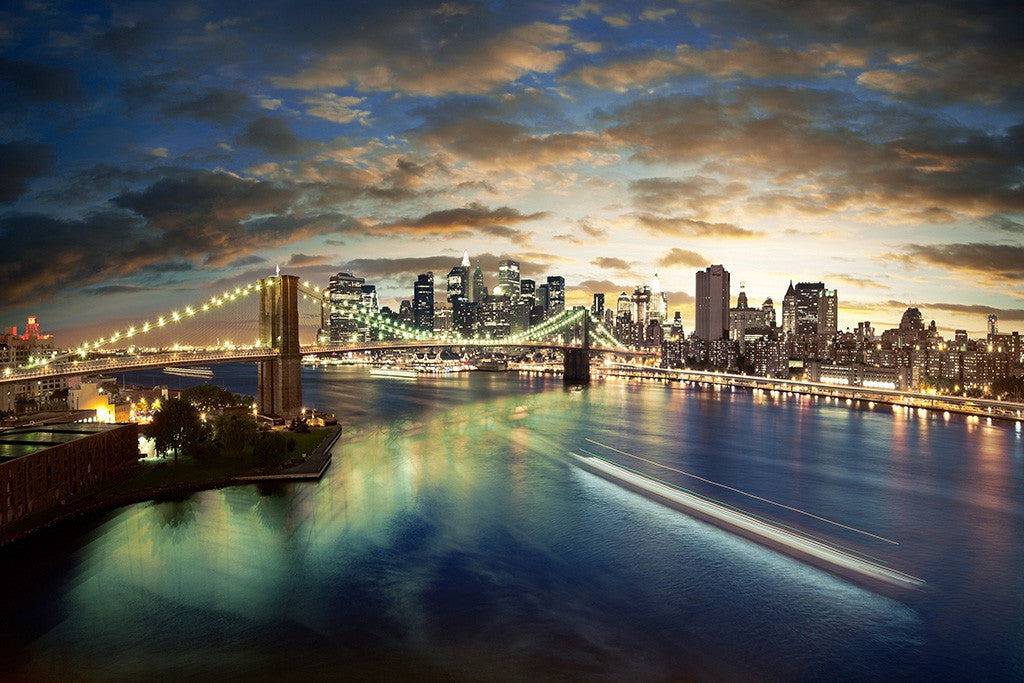 USA United States New York City Brooklyn Bridge Night Poster