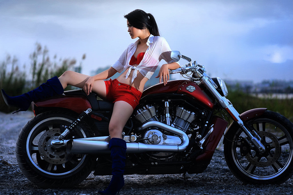 Hot Asian Girl Sexy Woman Brunette Bike Harley-Davidson Poster