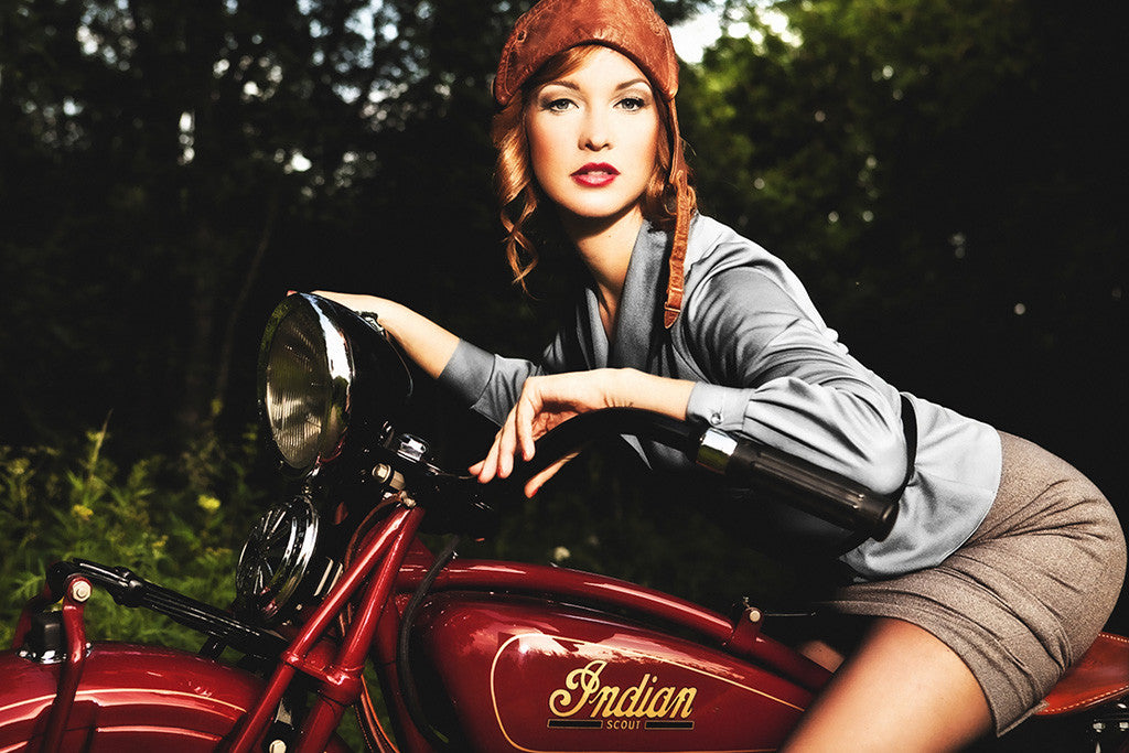 Pin-Up Cute Girl Indian Scout Old Retro Motorcycle Bike Motorbike Poster